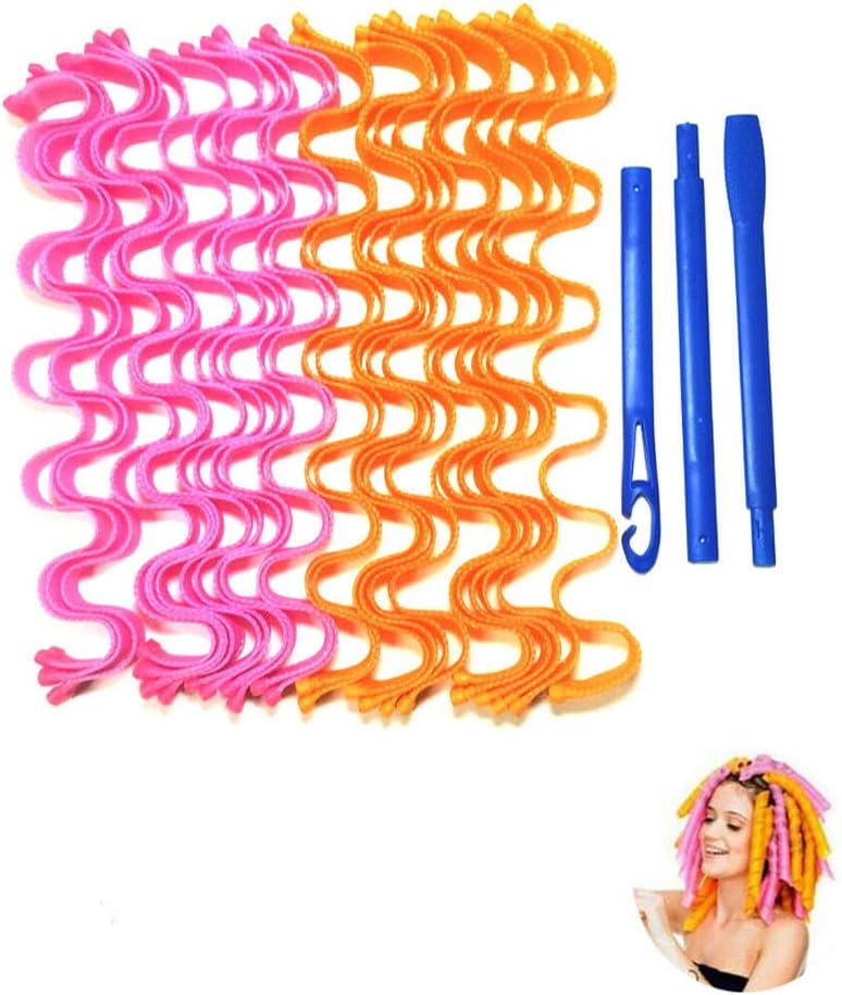 36Pcs 25MM-50MM Heatless Wave Rollers Magic Long Hair Curlers Curl Formers Spiral Rollers Styling Hairdressing Tool (30mm+45mm+50mm, Pink orange)
