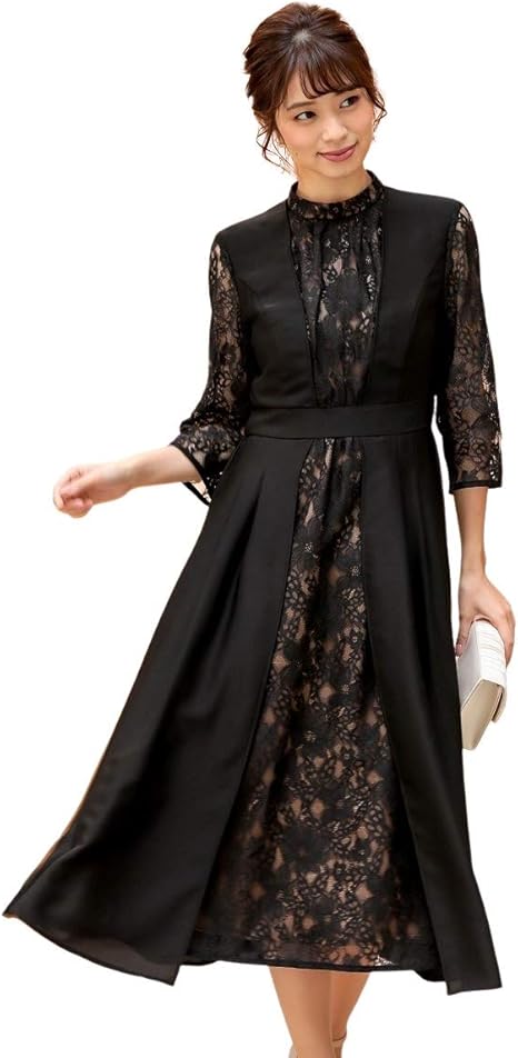 Amazon Nissen ニッセン パーティードレス ワンピースドレス 大きいサイズ スタンドカラーフロントレースデザインワンピースドレス 結婚式 二次会 お呼ばれ対応 大きいサイズ ワンピース チュニック 通販