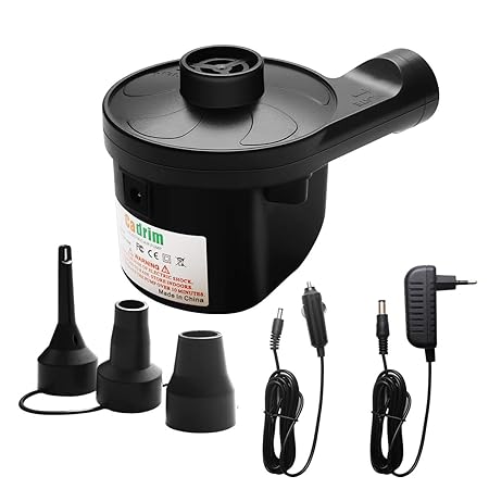 Elektrische Luftpumpe für luftmatratze akku - Cadrim 2 in 1 Elektropumpe Power Pump mit 3 Luftdüse für aufblasbare Matratze, Kissen, Bett, Boot, Schwimmring, Dauereinsatz 4-6 Stunden, DC12V/AC220V