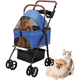 Pet Stroller-Folding 4 Wheels Cat/Dog Stroller for Medium Small Pets with Storage Basket and Cup Holder Suitable for Going Out and Traveling (Blue)