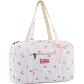 Coquette Bag with Ribbon Pearl Bow - Pink Bow Tote Bags Cute Travel Bag,Floral Quilted Duffle Bags for Women Girls,Coquette Aesthetic Y2K Girls Dance Bag,Weekend Bags for Travel Trip Work