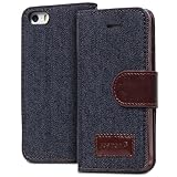 Fosmon CADDY-JEANS Leather Folio Wallet Case for Apple iPhone 5 / 5S (Denim Dark Blue)