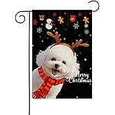 HILILIAN Merry Christmas Bichon Frise Garden Flag 12x18 Vertical Double Sided Winter Dog Christmas antlers Red Striped Scarf Holiday Outside Decorations Burlap Yard Flag(7614)
