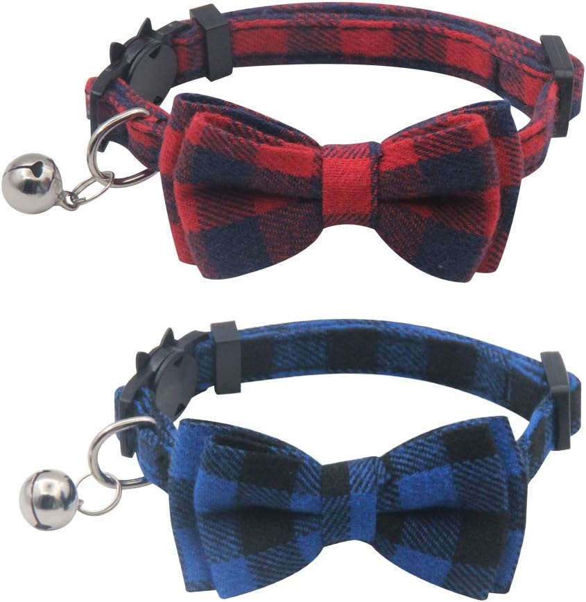 OFPUPPY Cute Bowtie Cat Collar Breakaway with Bell 2 Pack Plaid Collar Set for Kitty Puppy Adjustable 7.8-10.2"