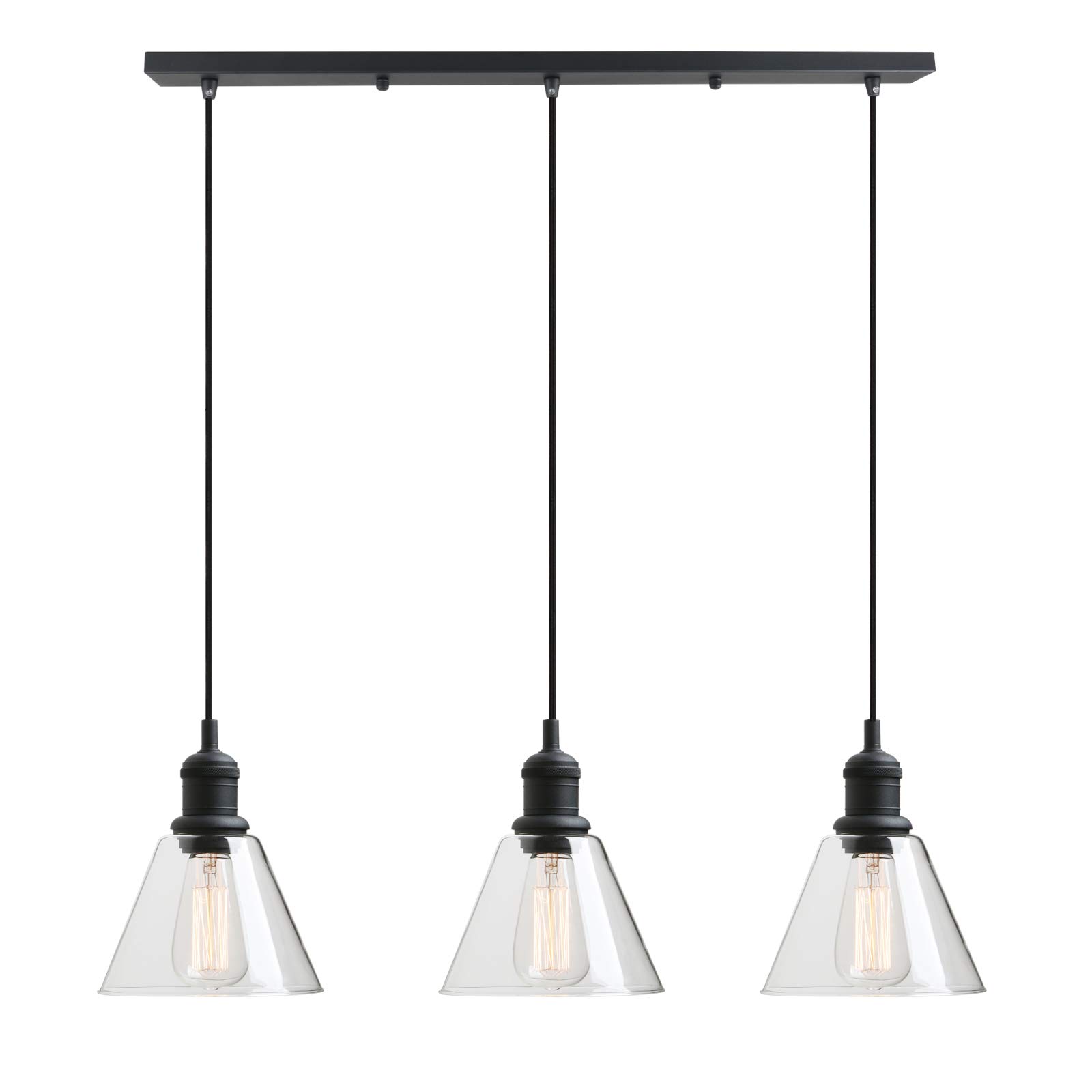 Yosoan Lighting Industrial Vintage Chandelier Loft Bar Black 3 Way Pendant Light Fitting Glass Shade,Hanging Cluster Ceiling 3 Light Fixture for Kitchen Dining Room Living Room Restaurant (Black)