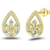 Snowflake Earrings for Women Sterling Silver 14K Gold Blue CZ Snowflake Flower Stud Earrings Sparkling Winter Snow Teardrop Post Earrings Dainty Jewelry Gifts for Daughter Mom Birthday Christmas