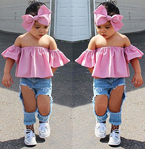 3pcs Baby Girls Kids Off Shoulder Lotus Leaf Top Holes Denim Jeans Headband Outfits Set (2-3Y, Pink)