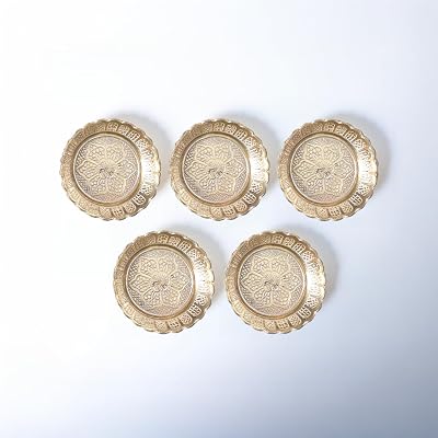 Shubhkart Nakshi Plate Small 7 cm Pack of 5 Brass Puja Decoration