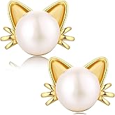 ZDaoBen Cute Cat Pearl Earrings-925 Sterling Silver Cat Pearl Stud Earrings with Freshwater Pearl 7.5MM, Cat Lover Jewelry Gift