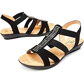 VJH confort Women's Comfort Flat Sandals Summer,with Rhinestone Open Toe Elastic Slip On Slingback Casual Walking Low Heele Sandals