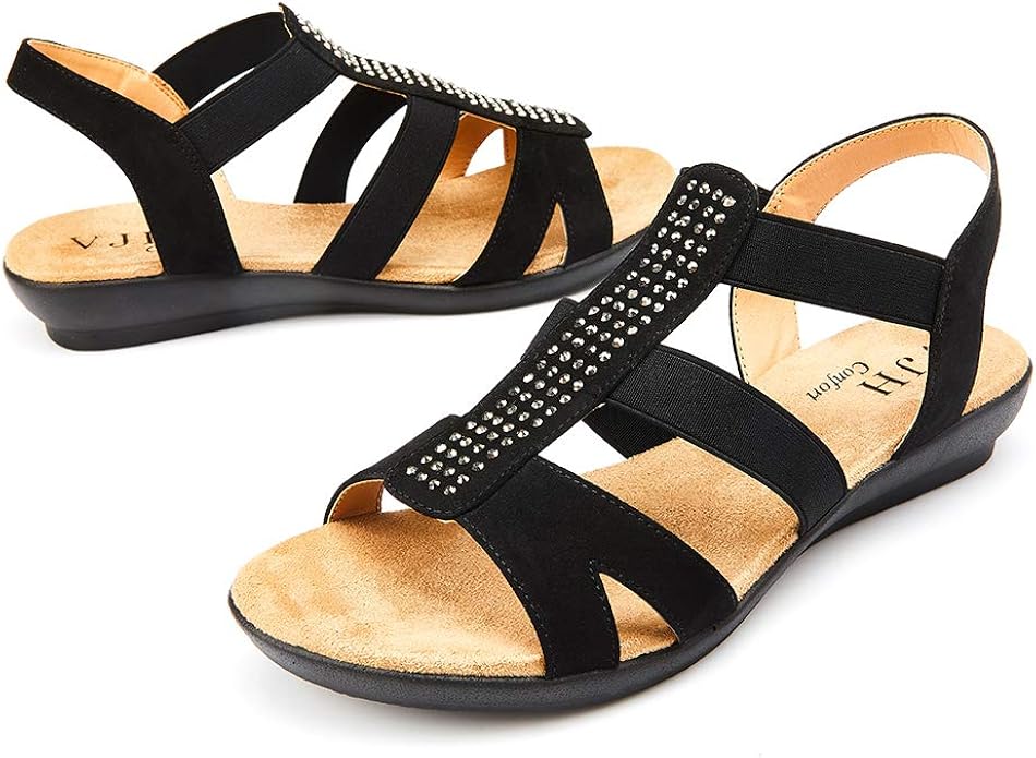 VJH confort Women's Flat Sandals with Rhinestone Open Toe Elastic Slip