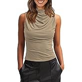 Tankaneo Womens Sleeveless Tank Tops Slim Fitted Mock Neck Draped Stretchy Summer Casual Ruched Tops