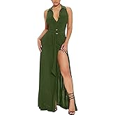 Women's Deep V Neck Long Dresses Sleeveless Collared Button Down High Split Cocktail Wedding Party Maxi Dress