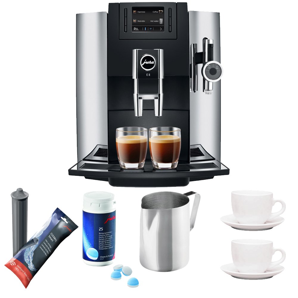 Amazon.com: Jura 15097 Automatic Coffee Machine E8, Chrome Includes Jura  Cleaning Tablets, Jura Smart Filter, Frothing Pitcher and Set of Two Mugs  with ...