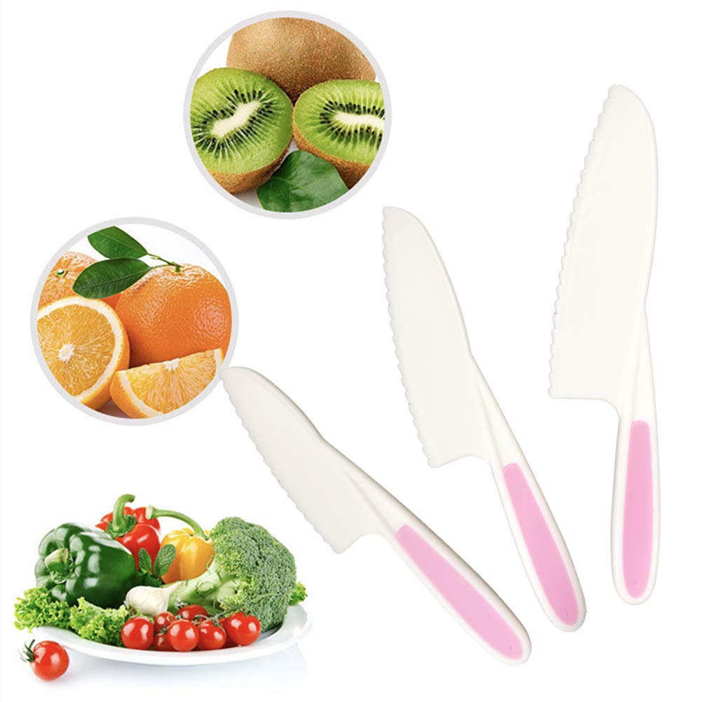 Pocomoco Kids Kitchen Knife Set Children Safe Cooking Plastic Knives Set with Kids Apron, Cut-resistant Gloves (Ages 6-12), Vegetables Cutters Perfect for Fruit, Bread, Cake, Lettuce, Salad (Pink)