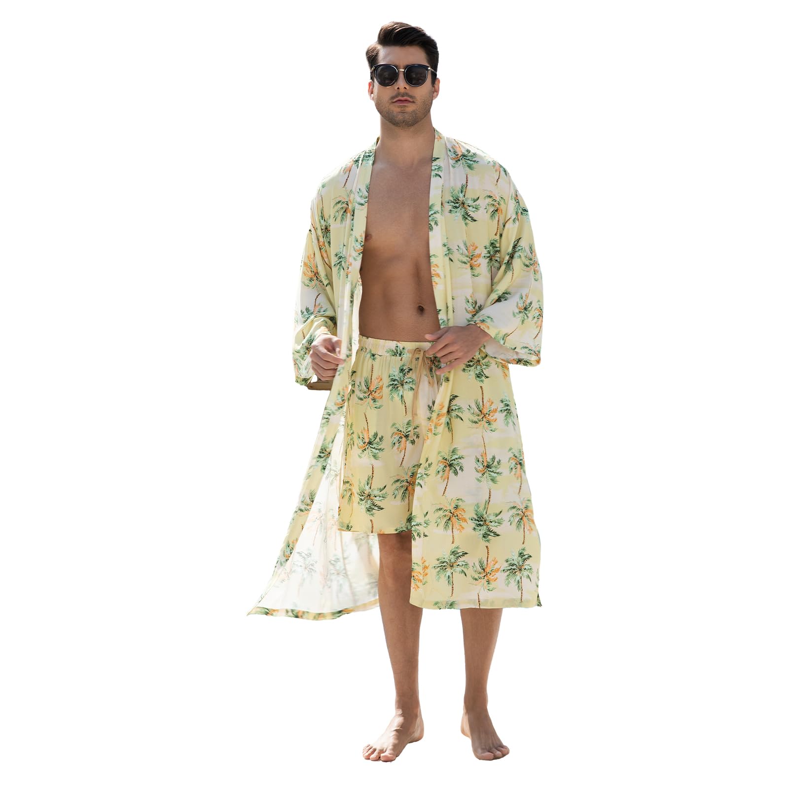 Photo 1 of Men's lightweight robe 2 Piece Japanese Kimono Robe and Shorts Set Casual Belted Open Front Long Robe 2XL