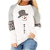 LANMERTREE Plus-Size Christmas Snowman Striped Leopard Tops for Women Color Block Casual Long Sleeve Striped Pullover