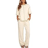 LTSCNRM Women‘s 2 Piece Sweater Set Short Sleeve Pullover Top Elastic Waist Straight Leg Pants with Pocket Knit Lounge Set