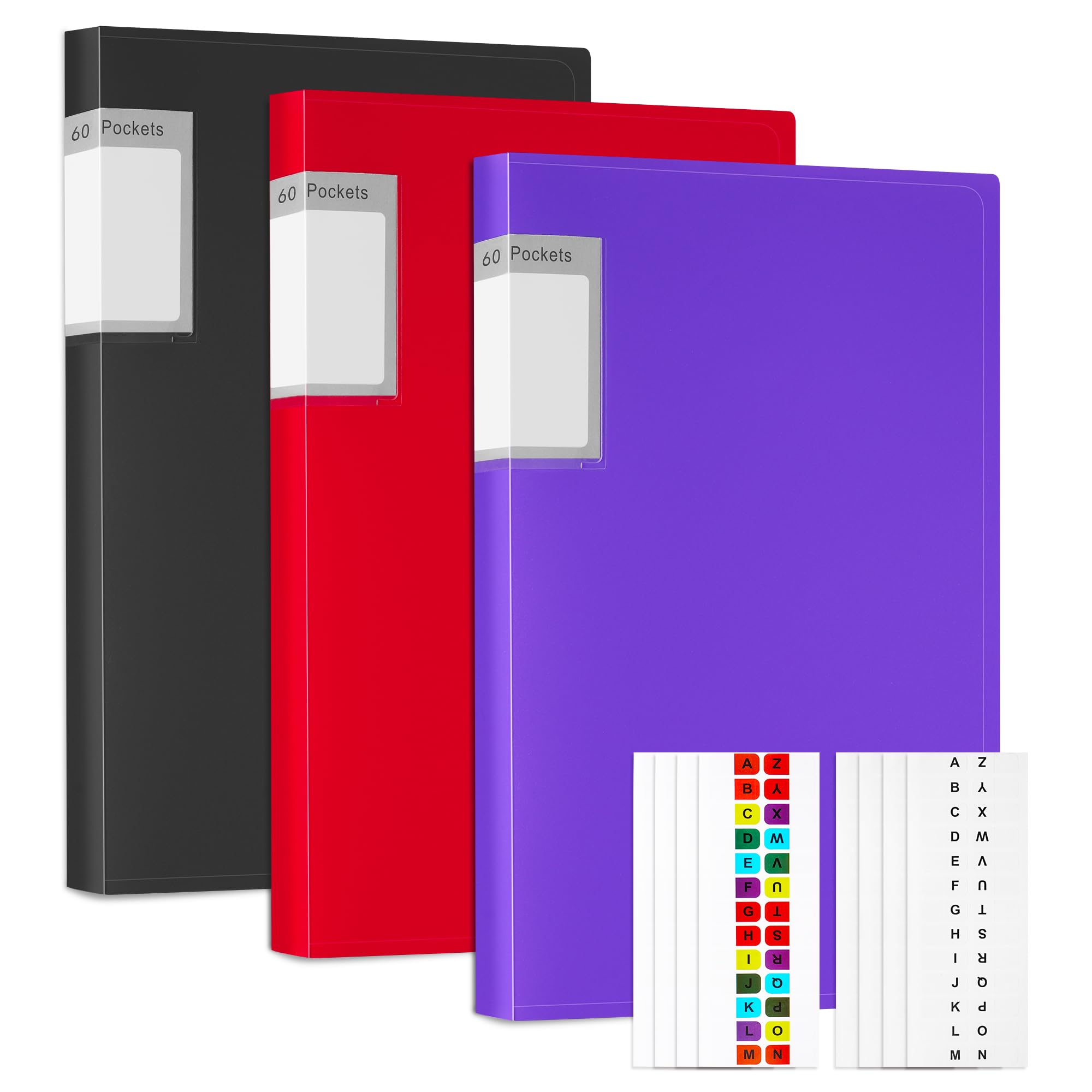 A4 Display Folders, 3 Pack 60 Pockets Display Book with 8 Alphabet Label, Presentation Document Project Folder with Plastic Sleeves for Business Personal School Offices (3Pack×60pocket)