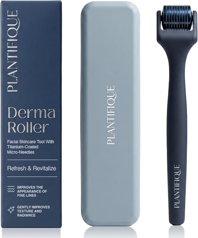 PLANTIFIQUE Derma Roller for Hair & Skin – Microneedling Face Roller, Grey | 0.25mm Titanium Fine Needles, Includes Protectiv