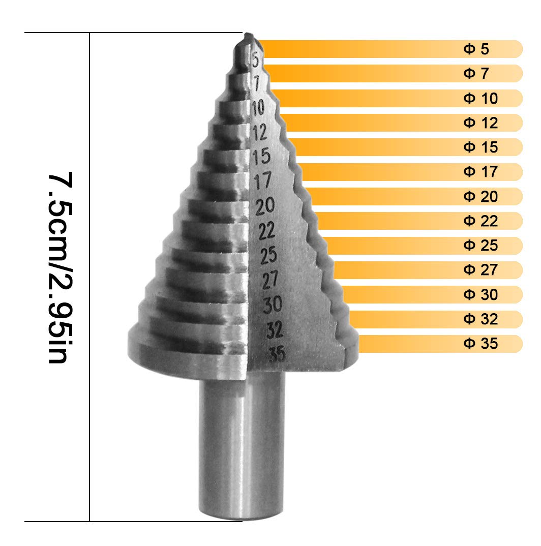 YYWEi HSS Step Drill Bit 5-35mm Cone Drill Bit Titanium Coated Double Slot Cone Cutting Drill for Steel, Wood, Plastic, Aluminum Copper DIY