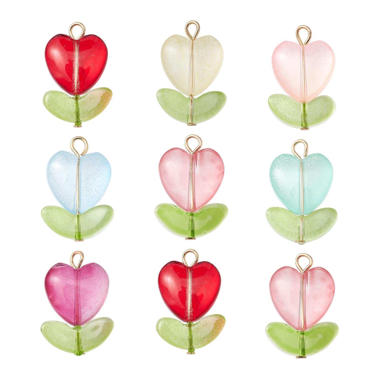 Airssory 50 Pcs Colorful Heart Flower with Leaf Glass Charms Plants Crystal Charms with Golden Loops for DIY Jewelry Making Craft Gifts Keychain — image 1