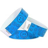 500 Pack Smiley face Paper Wristbands for Events Waterproof Wrist Bands Lightweight Festival Identification Arm Bands Neon Adhesive Event Bracelets for Party（Blue）