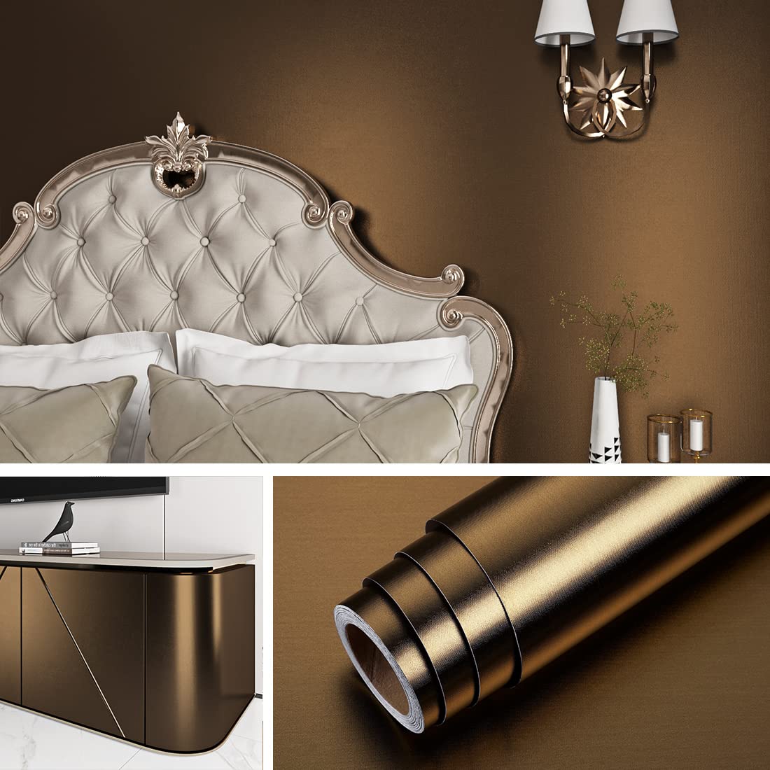 Livelynine Gold Wallpaper for Bedroom Border Hall 40CMx10M Washabale Stick on Wallpaper Feature Wall Kitchen Vinyl Wrap for Cupboards Appliance Freezer Sticky Back Plastic Furniture Gold Vinyl DIY