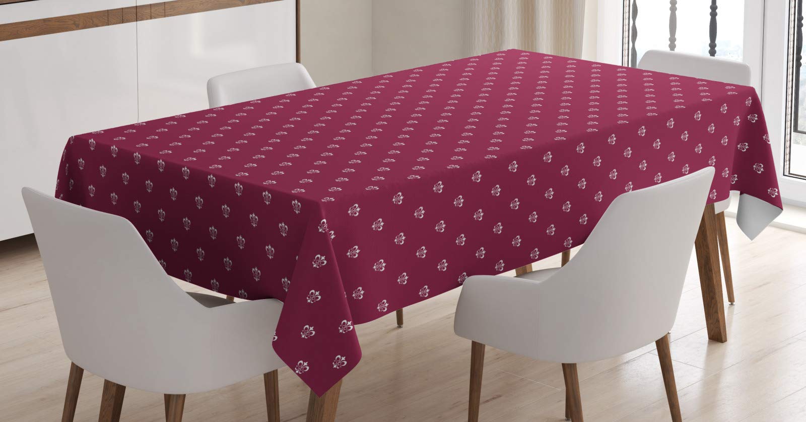 ABAKUHAUS Fleur De Lis Tablecloth, Noble Medieval Pattern, Dining Room Kitchen Rectangular Table Cover, 54 W X 66 L, Dark Magenta White