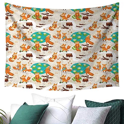WilliamsDecor Baby Tapestry for Dorm Cute Little Foxes Playing Next to Ponds Forest Tree Trunks Catching Fish Having Fun Picnic/Beach Blanket/Throw/Sheet 60W x 51L Inch Multicolor