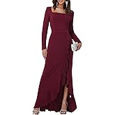 Simlakey Womens Maxi Dress Long Sleeve Square Neck Bodycon Dress Fall Ruffle Hem Mermaid Cocktail Wedding Guest Long Dress