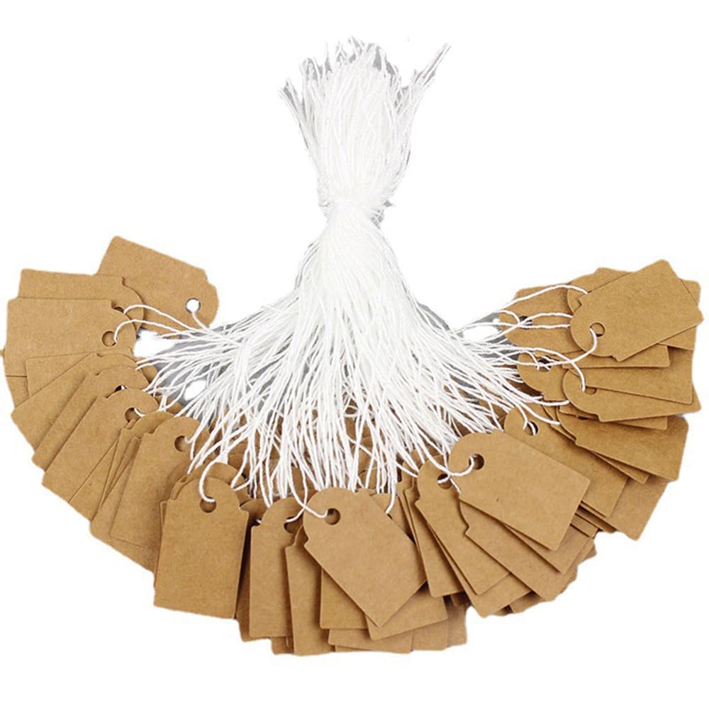 ShaMyiuCnz 500 Pcs Price Tags Small Gift Price Tags Strung Tags Brown Reinforced Card for Display Jewelry Clothing