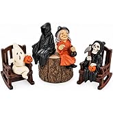 Dusk&Decorum Halloween Resin Figurines, 4-Piece Spooky Halloween Shelf Decor, Gothic Decor for Home, Ghost Witch & Grim Reaper Statues, Bookshelf Decor for Mantel, Cabinet, Tabletop & Office