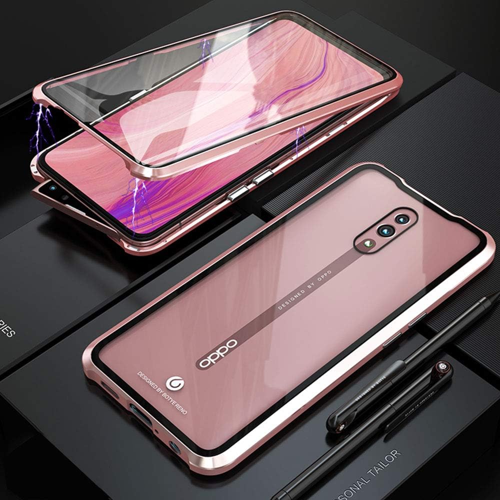 Wishcover Compatible for Oppo Reno 10X Zoom Case Magnetic Adsorption Ultra Thin 360 Degrees Fully Screen Protective Case Metal Aluminum Frame Transparent Front and Back Tempered Glass Cover