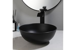 KECTIAKL Matte Black Bathroom Vessel Sink with Waterfall Faucet and Pop-Up Drain Combo,13 Inch Stone Resin Vessel Sink Above Counter Round Bathroom Sink Bowl with Mixer Tap