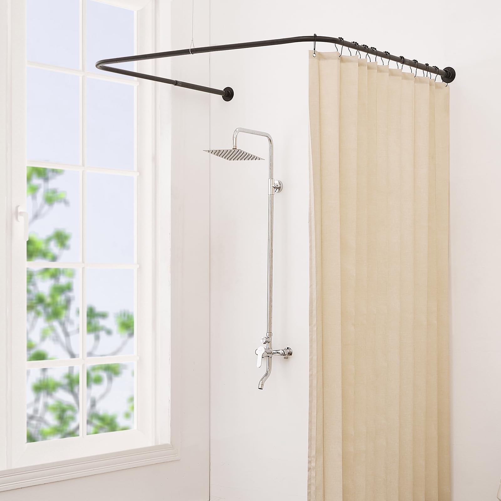Yampos U Shaped Shower Curtain Rail, [Both Sides: 60 cm - 132 cm, Middle: 76,2 cm - 116,8 cm] Adjustable U Shape Outdoor Shower Rod Corner Curtain Pole for Bathroom with 12 Hooks & Ceiling Support