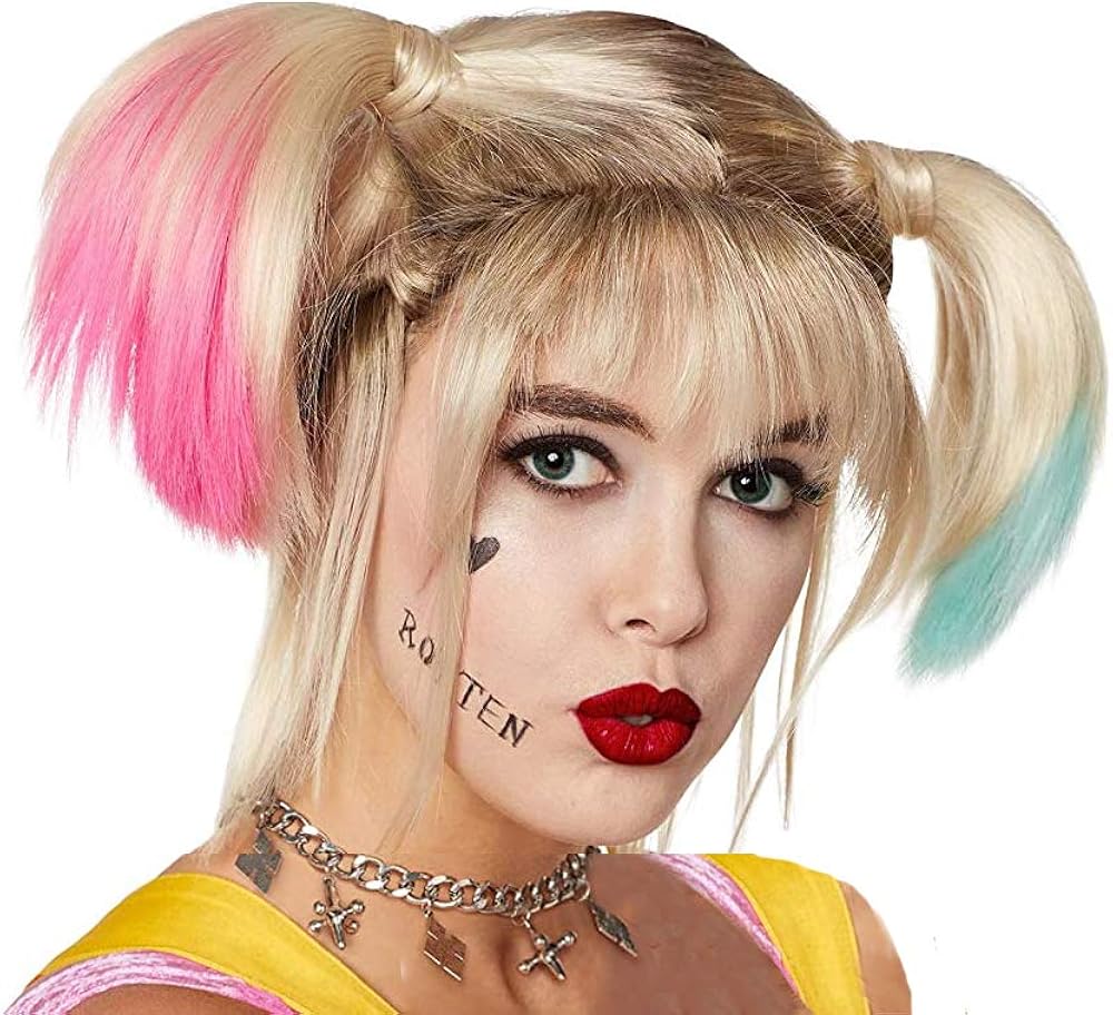 Harley Quinn Wig Short Ponytail Hairs Movie Cosplay Costume Accessories for Women