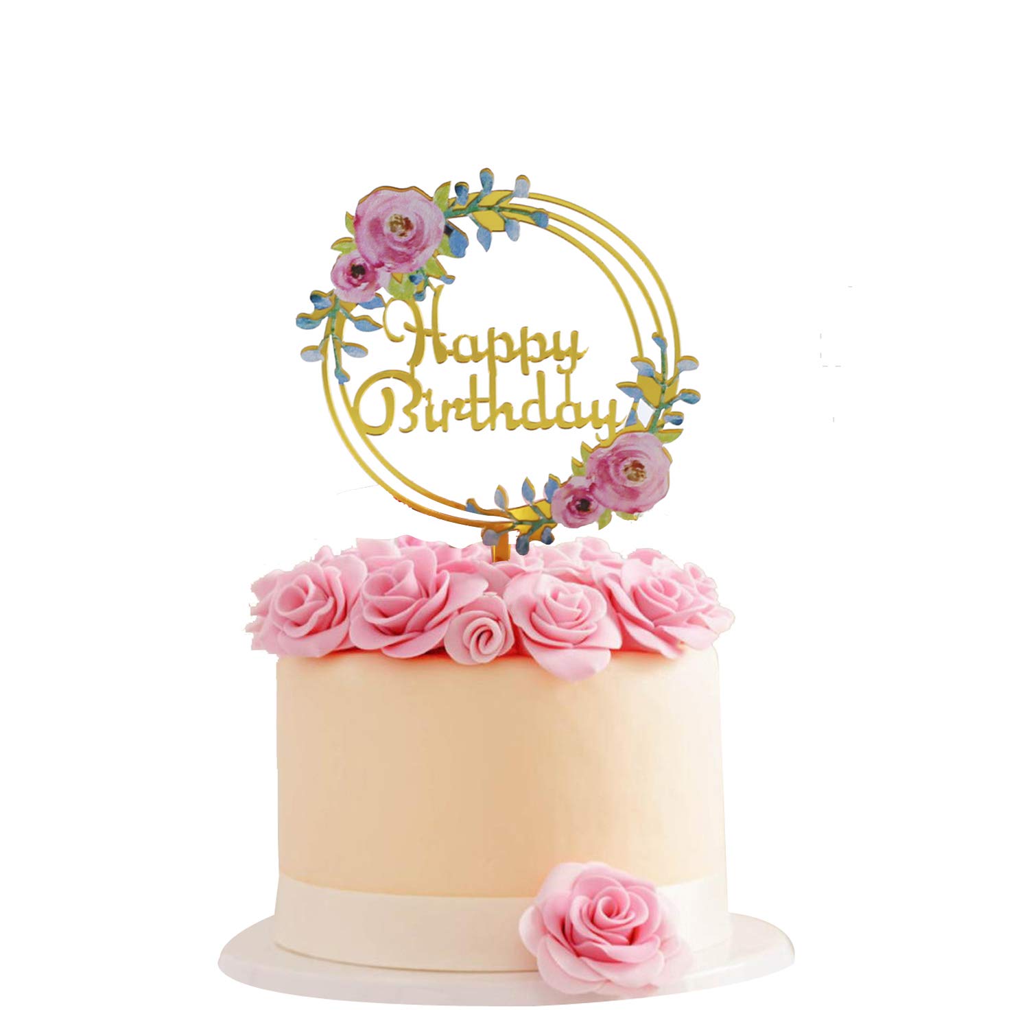 Acrylic Happy Birthday Flowers Cake Topper for Kids Girls Women Birthday Wedding Mother's Day Floral Cake Decorations