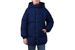 uideazone Boys' Winter Coat Medium Length Warm Hooded Puffer Jacket Down-like Cotton Waterproof Outwear 5-12Y