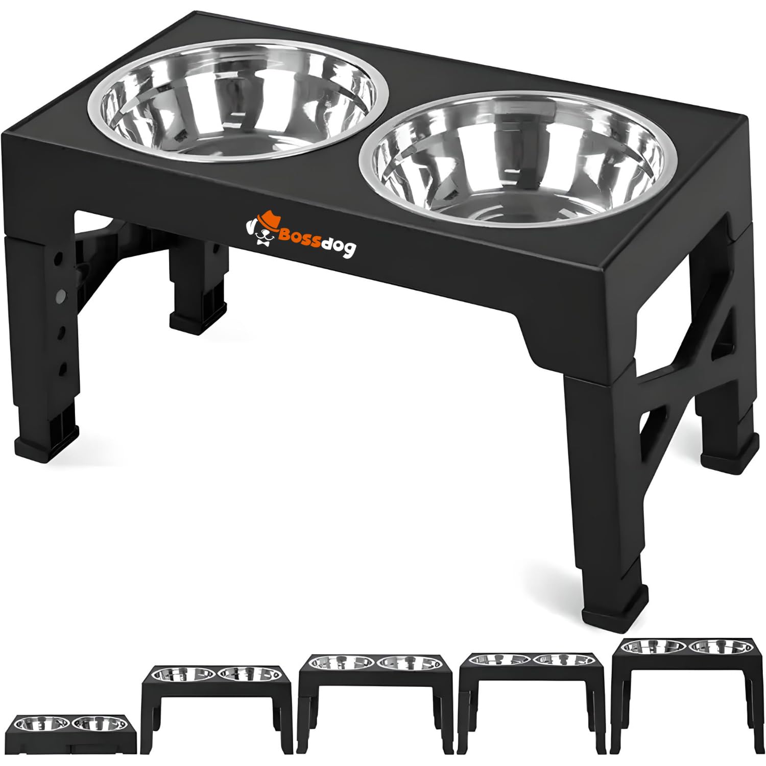Bossdog Adjustable Elevated Dog Bowls With Stand | Premium Dog Feeding Station Raised Dog Bowl Stand With Adjustable Height and Non-Slip Design | Features Two Stainless Steel Dog Feeding Bowls (Black)