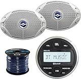 JBL PRV-175 Gauge Style Marine Boat Yacht Digital Media Bluetooth Audio Stereo Receiver Bundle Combo with 2X JBL MS9520 6x9 2-Way White Coaxial Marine Boat Speakers + Enrock 50 Foot 16g Speaker Wire