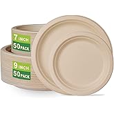 GreenWorks 7 inch and 9 inch Heavy-duty Compostable Plates (each 50 Count), 100 Count Unbleached Disposable Paper Plates