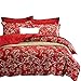 Wake In Cloud - Floral Comforter Set, Vintage Flowers Toile Coquette Pattern Printed, Soft Lightweight Bedding, 3 Pieces, Red, King Size