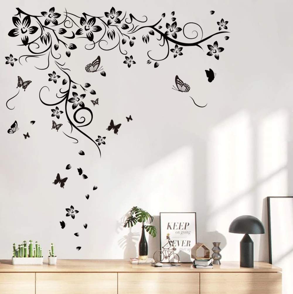 Runtoo Black Flowers Vine Wall Sticker Floral Butterfly Wall Decals Living Room Bedroom Wall Decor