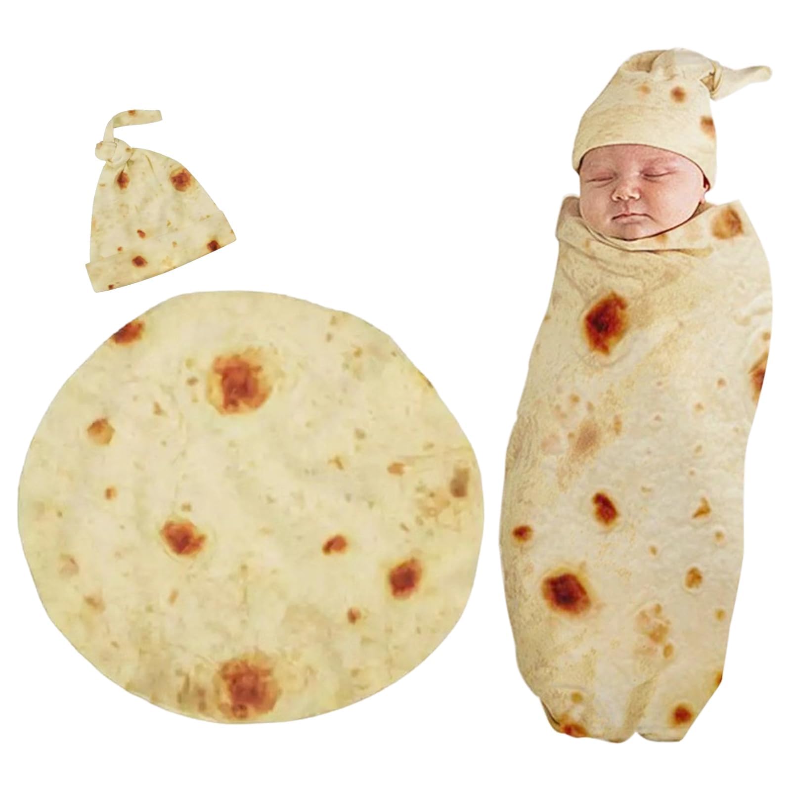 NCONCO Newborn Swaddle Blanket Burrito Infant Wrap with Hat Set, Soft and Stretchy Taco Tortilla Pattern Infant Receiving Blanket Girl Boy Swaddle Sack Great for Newborn Shower
