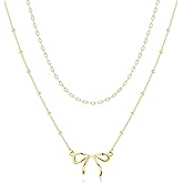 Poxtex Cute Gold Bow Necklace Stack, Diamond Bow Statement Pendant Chunky Trendy Dainty Small Tiny Bow Simple Choker Chain Jewelry Set Gift