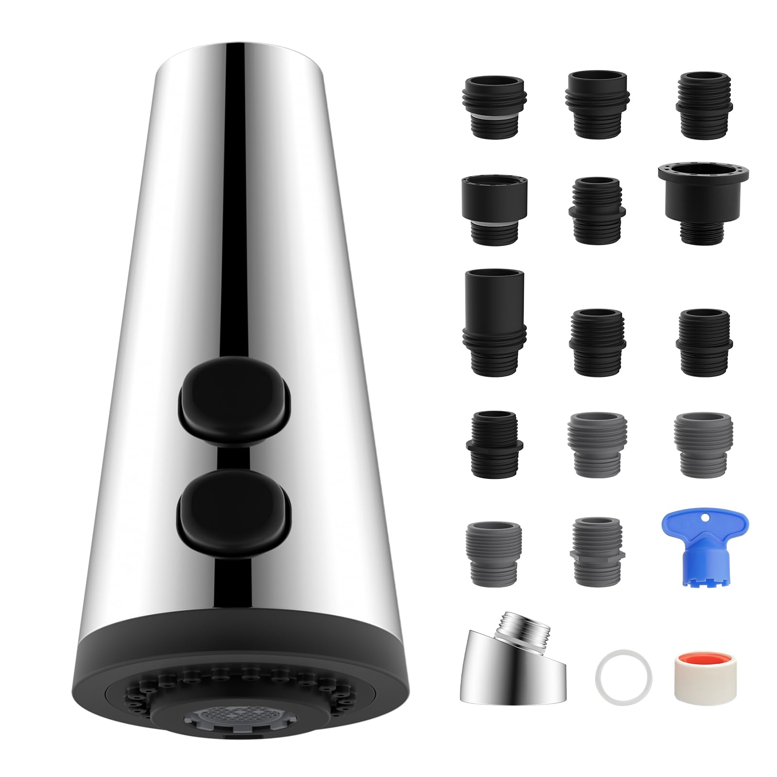 Photo 1 of 4 Function Kitchen Faucet Head Replacement Universal Pull Down Kitchen Sink Faucet Sprayer Head with 15 Adapters Compatible with American Standard/Kohler/Moen/Delta, Chrome