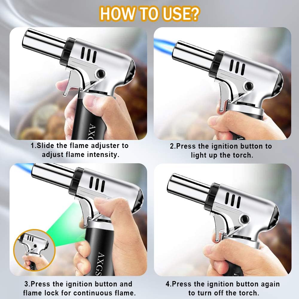 DLYM Butane Torch Lighters, kitchen torch Refillable Adjustable Flame Kitchen Torch with Safety Lock & Adjustable Flame for BBQ, Creme Brulee, Baking, DIY Soldering (Butane Gas not Included) (Silver): Home Improvement