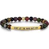 LIU JUN Dont Let The Hard Days Win Motivational Bracelets For Women, 14k Gold Plated Stainless Steel Bar Tiger Eye Stone Elastic Beaded Bracelet Inspirational Christmas Birthday Jewelry Gift
