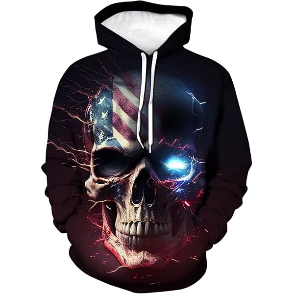 LAOLIUSN Men's Lightning Skull Hoodie – Patriotic American Flag Graphic Pullover | 3D Print Hoodie For Casual Wear